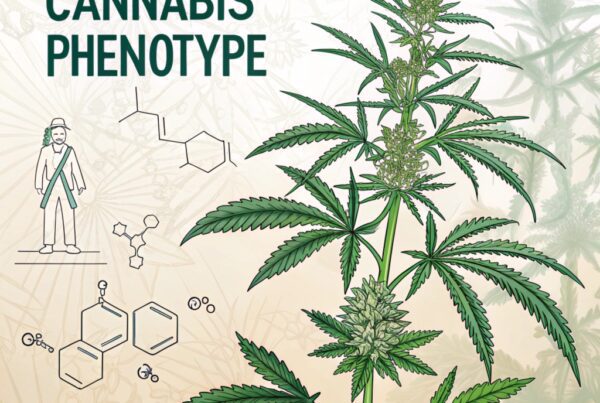 Illustration of cannabis phenotype showcasing plant structure, chemical compounds, and genetics.