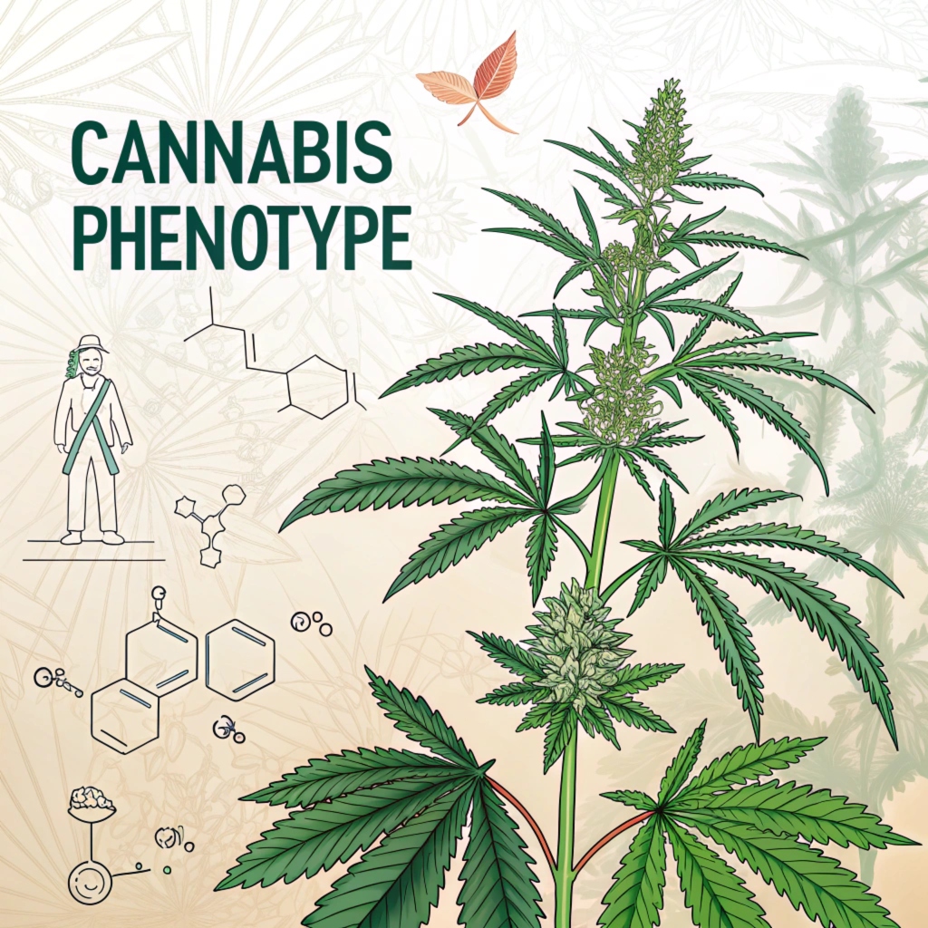 Illustration of cannabis phenotype showcasing plant structure, chemical compounds, and genetics.