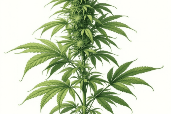 Detailed illustration of a cannabis plant showing a mature flowering bud, green leaves, and stems growing in soil.