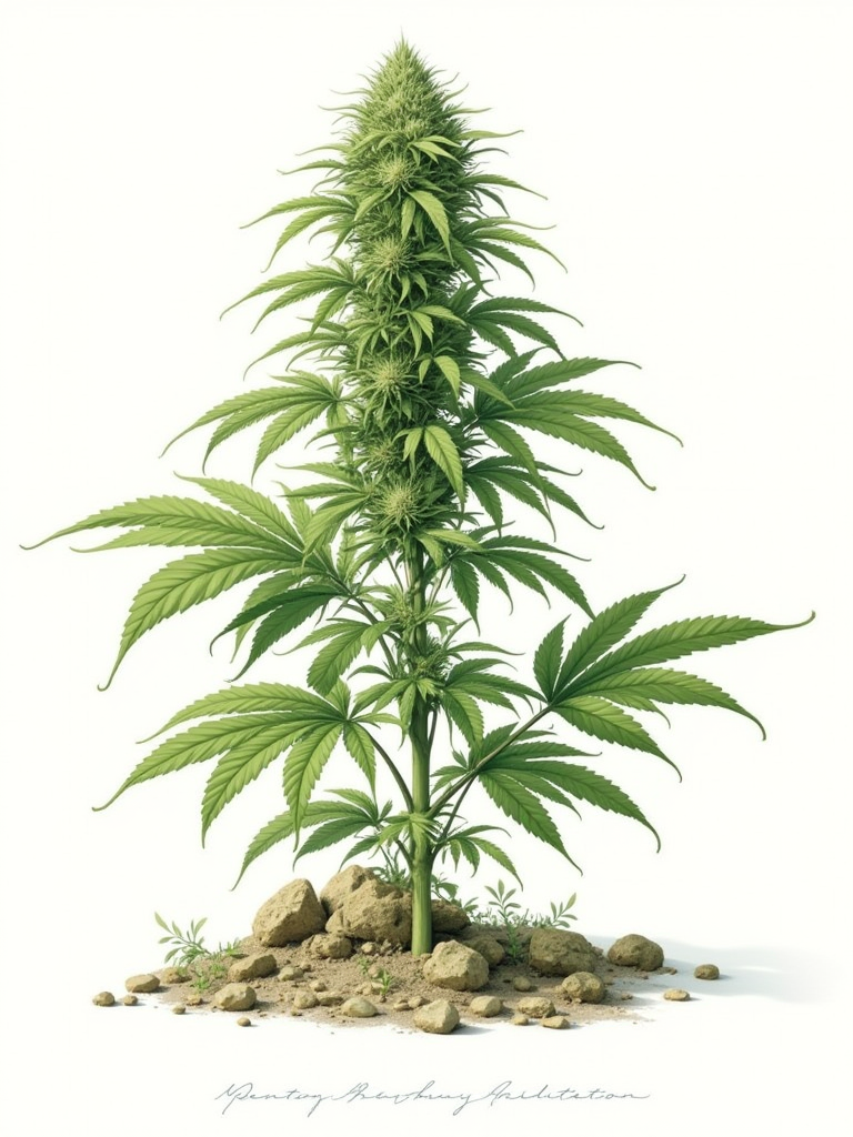 Detailed illustration of a cannabis plant showing a mature flowering bud, green leaves, and stems growing in soil.