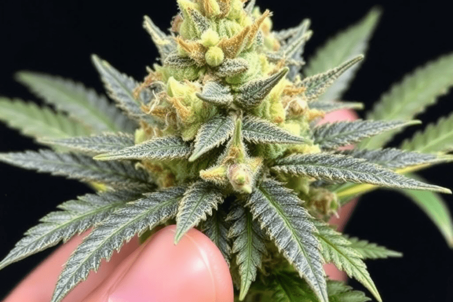 Close-up of a hybrid cannabis bud being held, showcasing dense trichomes and healthy green leaves.