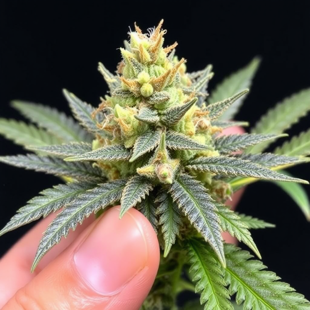 Close-up of a hybrid cannabis bud being held, showcasing dense trichomes and healthy green leaves.