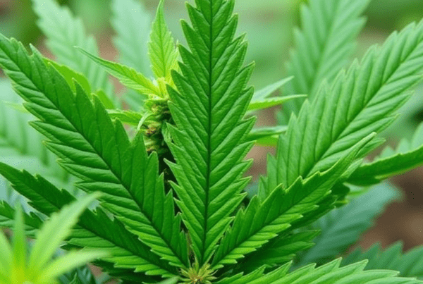 Close-up view of a healthy cannabis plant with lush green leaves. The leaves have serrated edges and are arranged in a radial pattern, showcasing the classic marijuana leaf structure. The background is blurred, focusing attention on the vibrant, detailed foliage.