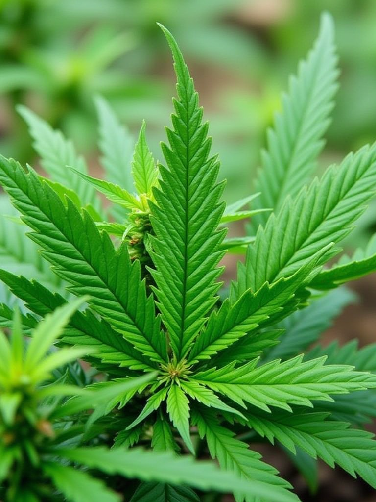 Close-up view of a healthy cannabis plant with lush green leaves. The leaves have serrated edges and are arranged in a radial pattern, showcasing the classic marijuana leaf structure. The background is blurred, focusing attention on the vibrant, detailed foliage.