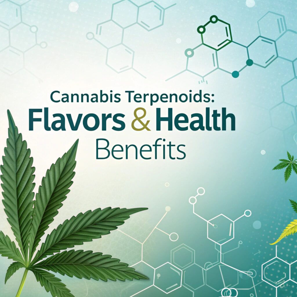 Illustration of cannabis leaves and chemical structures, highlighting the topic of Cannabis Terpenoids: Flavors & Health Benefits.