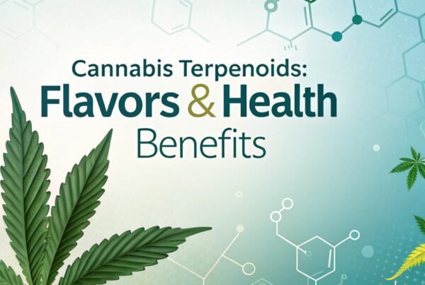 Illustration of cannabis leaves and chemical structures, highlighting the topic of Cannabis Terpenoids: Flavors & Health Benefits.